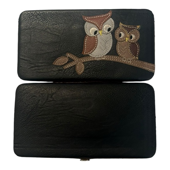 Vintage Women’s Brown Slim Bi Fold Wallet With Owl Embroidery & Push Metal Lock - Picture 3 of 5
